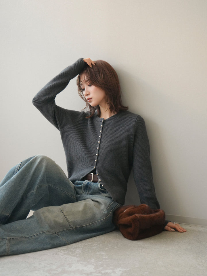 [SET]シルバーボタン畦編みニットカーディガン+ベルト付カーブデニムパンツ(2set)