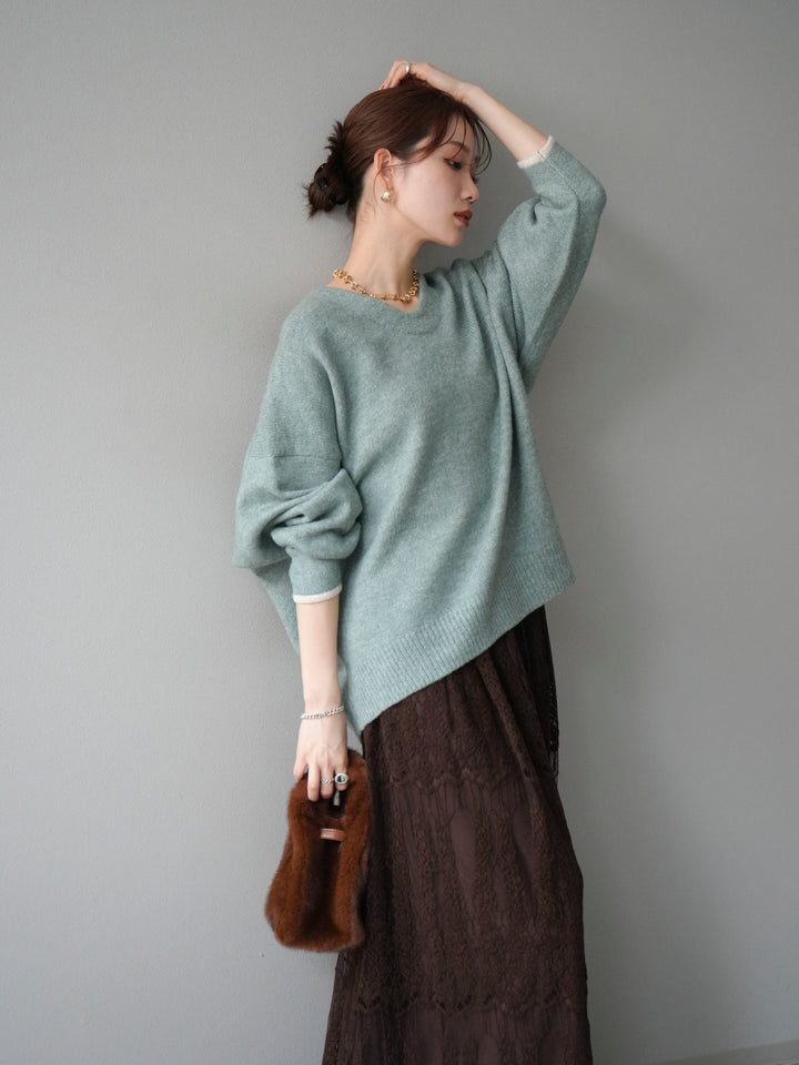 【預購】V領撞色袖針織套頭衫/薄荷綠