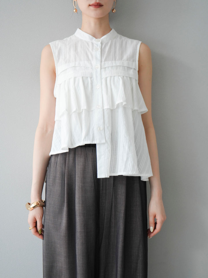 [予約]ドビーストライプアシンメトリーフリルノースリブラウス/ホワイト