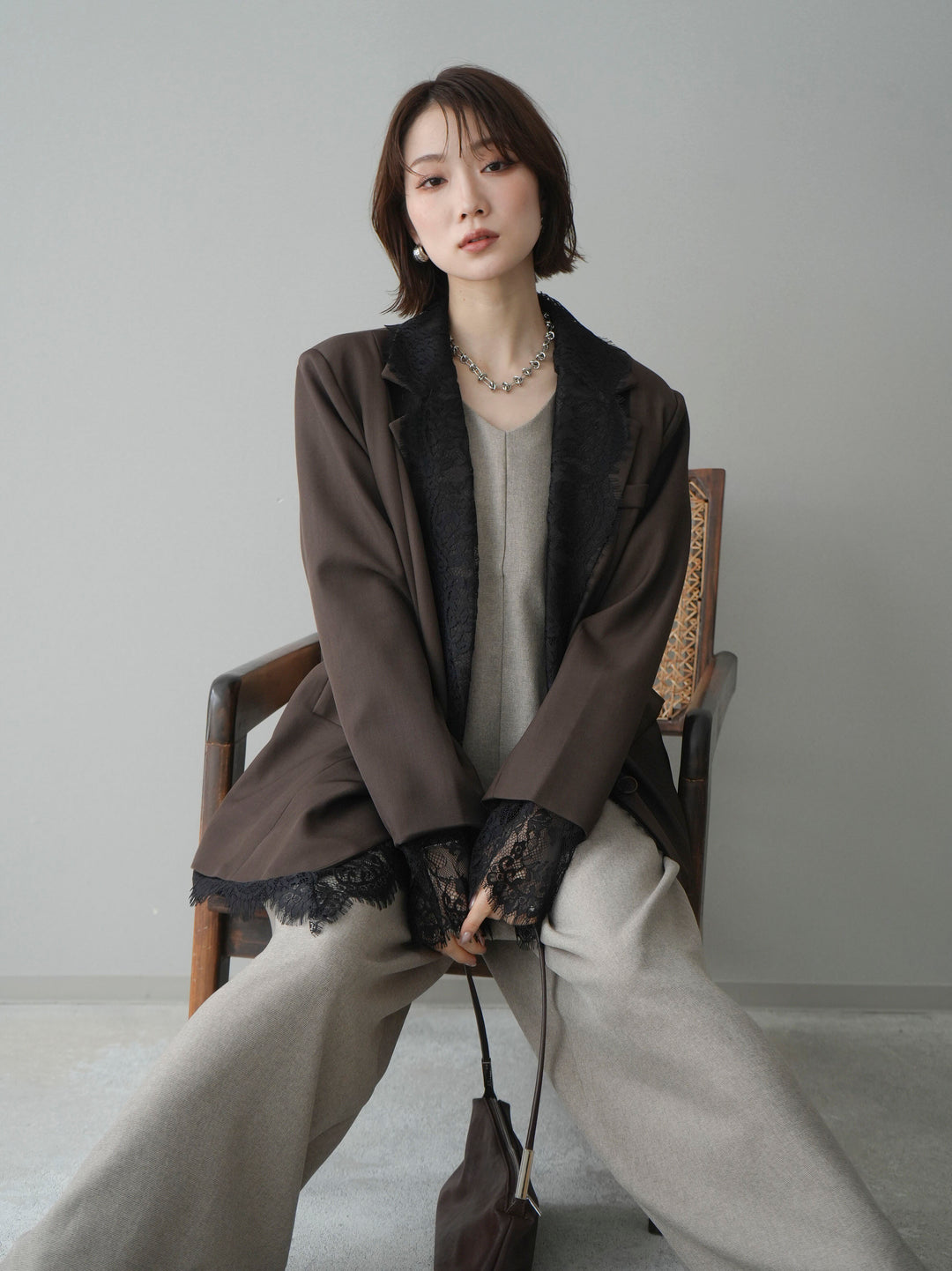 [予約]レースドッキングオーバージャケット/brown