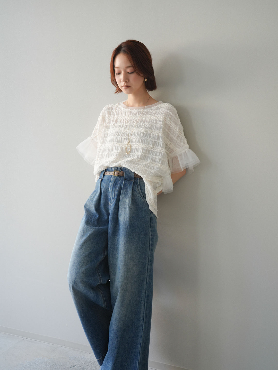 [予約]チュール袖リップルトップス/white