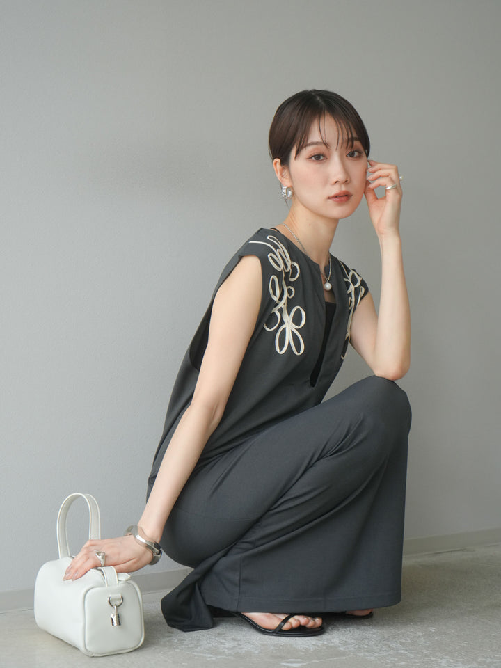 [予約]ライトポンチコード刺繍ワンピース/チャコール