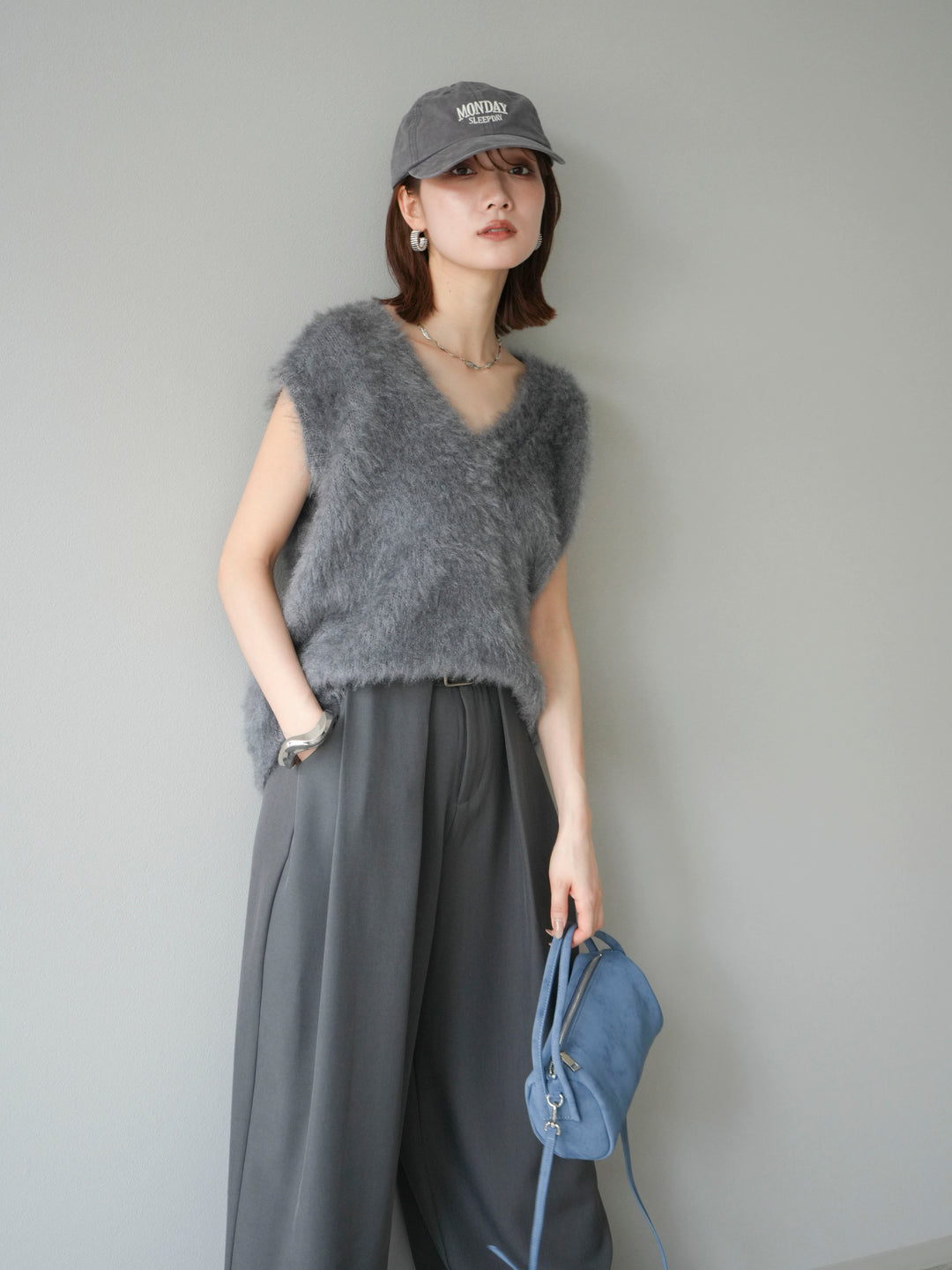 [SET]ラメシャギーVネックニットベスト+ベルトループデザインワイドパンツ(2set)