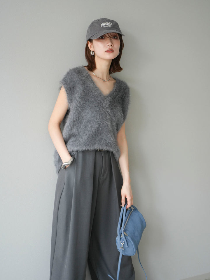 [SET]ラメシャギーVネックニットベスト+ベルトループデザインワイドパンツ(2set)