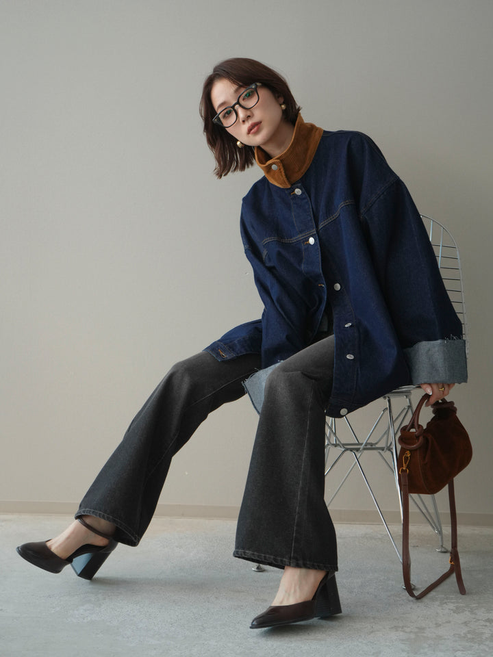 [SET]コーデュロイ×デニムミドルジャケット+フレアデニムパンツ(2set)