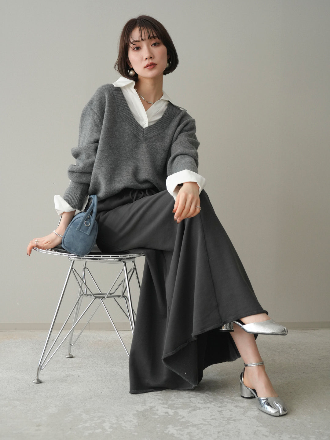 [予約]シャツドッキングVネックニットトップス/gray