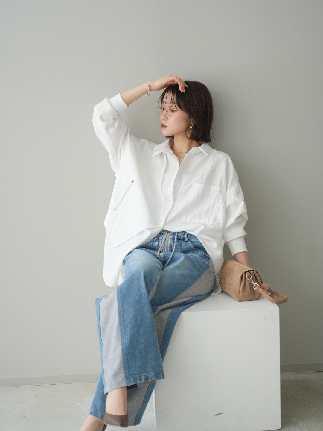 [予約]リブカフスアシンメトリーZIPデザインオーバーシャツ/offwhite