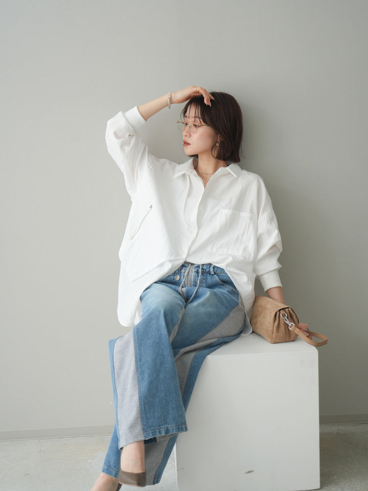 [予約]リブカフスアシンメトリーZIPデザインオーバーシャツ/offwhite