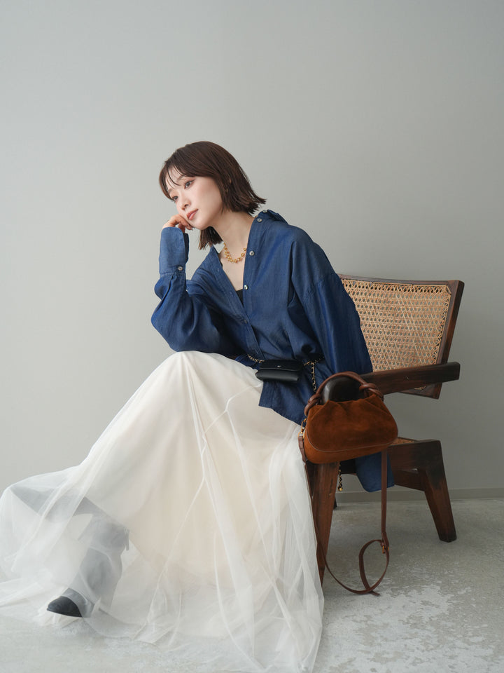 [SET]テンセルデニムタックシャツ+チュールボリュームスカート(2set)