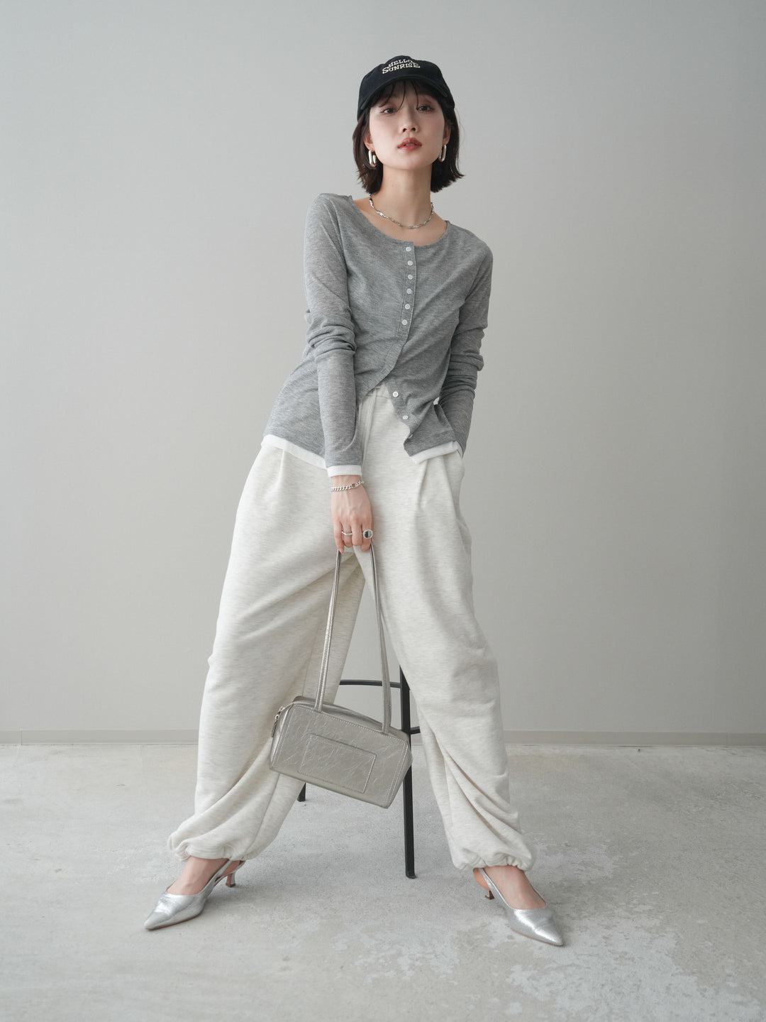 [予約]シアーリブバイカラーカーディガン/gray