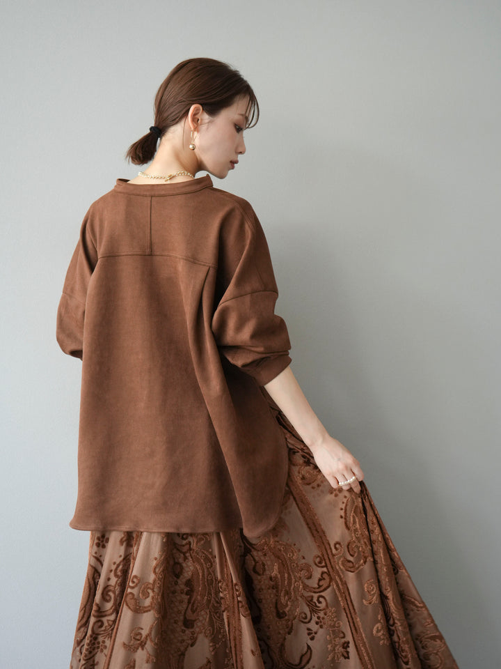 [SET]スエードバンドカラーオーバーシャツ+アンティーク柄フロッキーマキシスカート(2set)