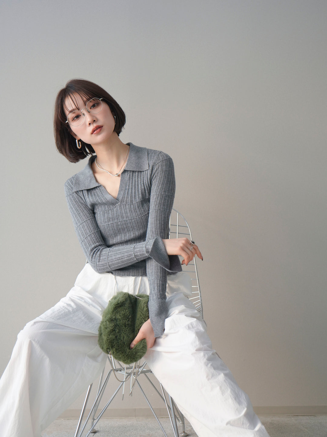 [予約]シアーリブスキッパーニットトップス/gray