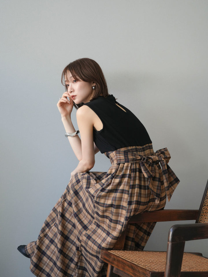 [SET]テレコ×チェックドッキングノースリワンピース+選べるアクセセット(2set)