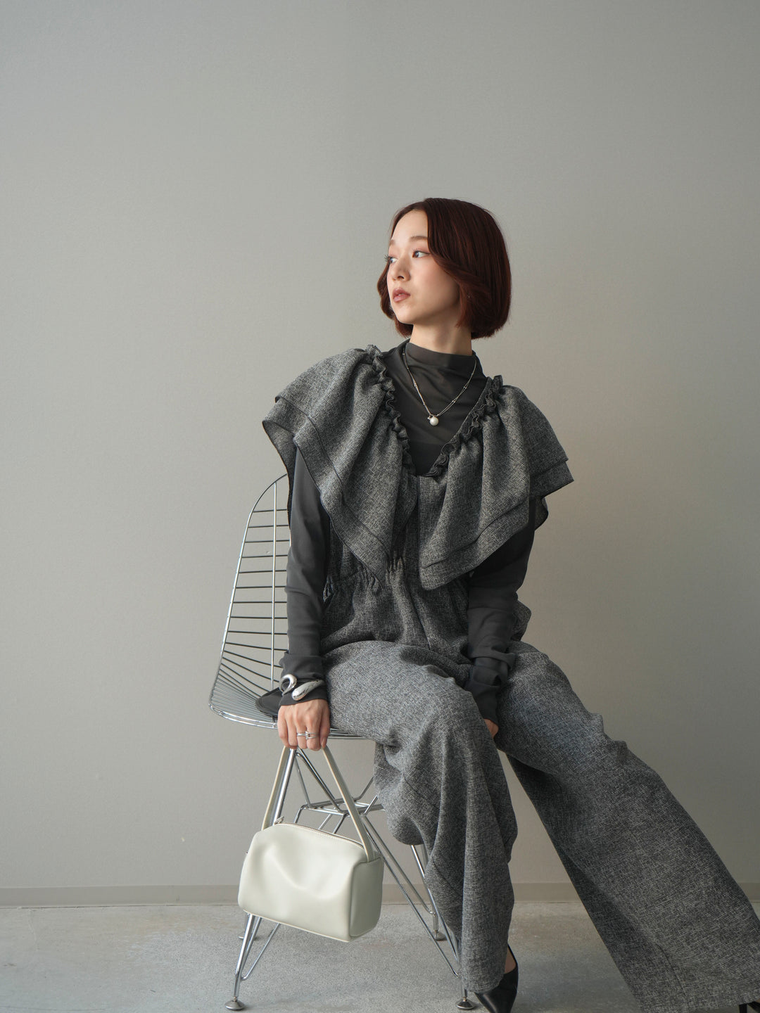 [SET]3WAYミックスツイードギャザーオールインワン+シアープチネックストレッチトップス(2set)