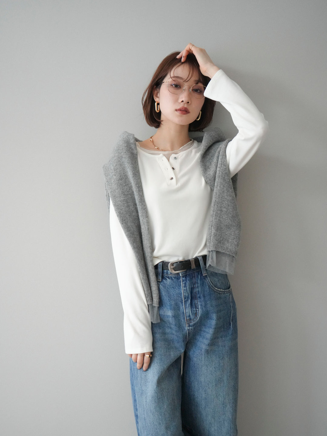 [予約]チュールレイヤードヘンリーネックカットソー/ivory