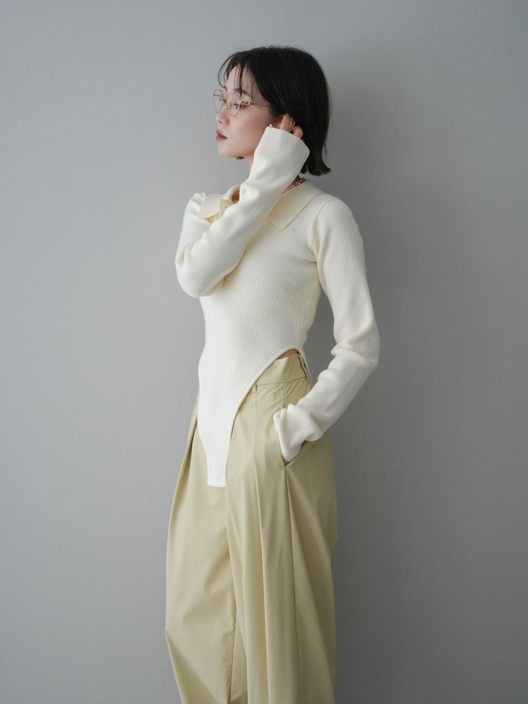 [予約]リブポロニットボディスーツ/ivory