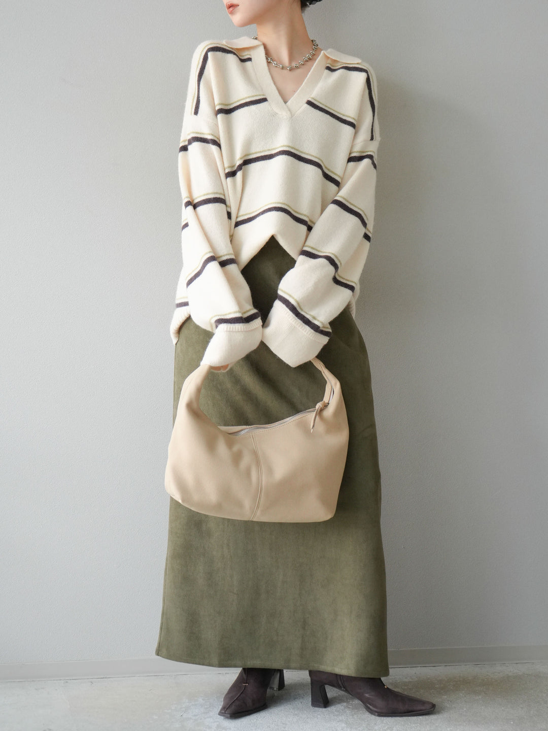 [SET]ポロ襟スキッパーボーダーニットプルオーバー+スウェードIラインスカート(2set)