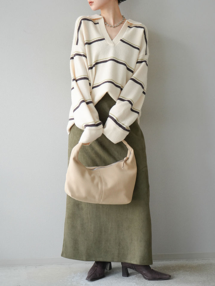 [SET]ポロ襟スキッパーボーダーニットプルオーバー+スウェードIラインスカート(2set)