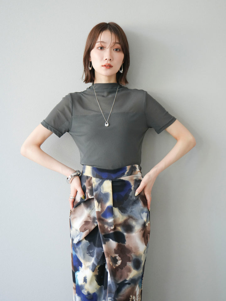 [SET] 透視半袖上衣 + 水彩印花褶襉I字裙 (2set)