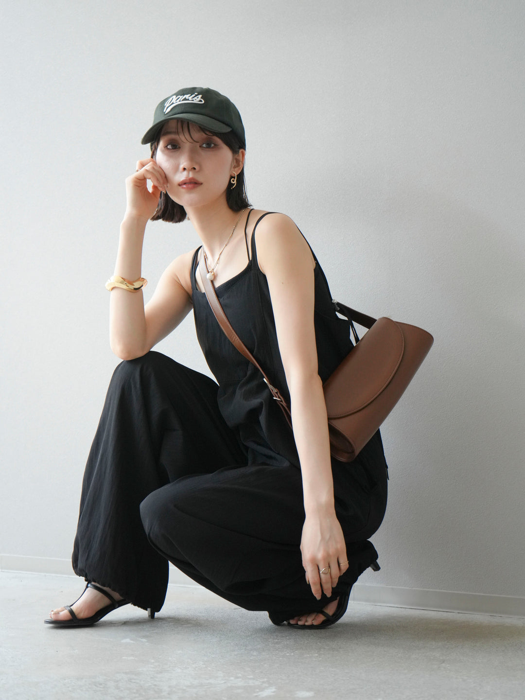 [SET]リネンライクビスチェデザインサロペット+ダブルストラップカットリブブラキャミソール(2set)