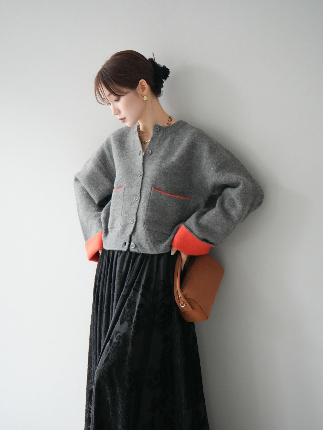 [SET]バイカラーオーバーニットカーディガン+アンティーク柄フロッキーマキシスカート(2set)