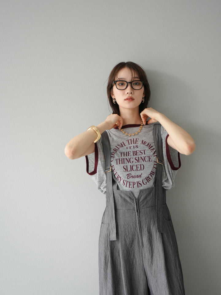 [SET]ストリングデザインハイウエストサロペット+シアーフライス ロゴプリントT (2set)