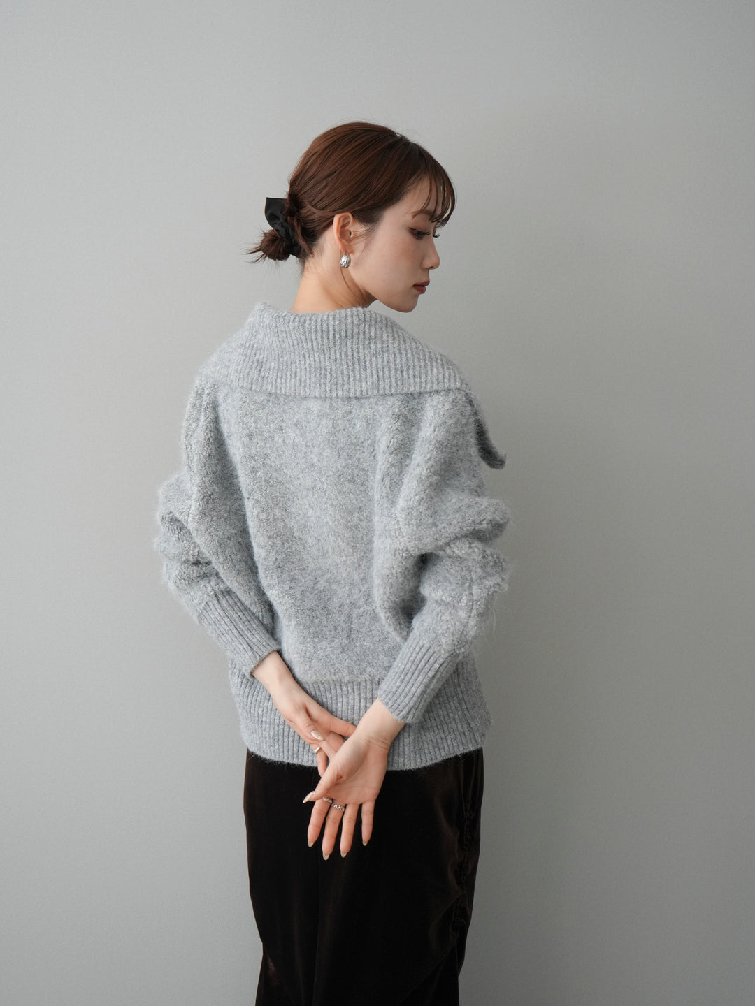 [SET]リブ襟ブークレZIPニットカーディガン+ギャザーベロアスカート(2set)