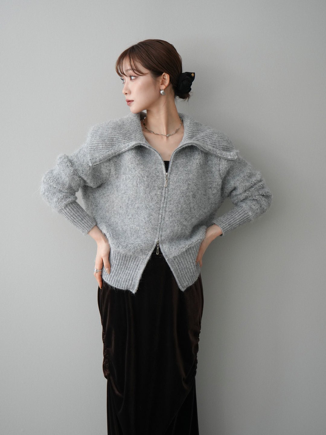 [SET]リブ襟ブークレZIPニットカーディガン+選べるアクセセット(2set)