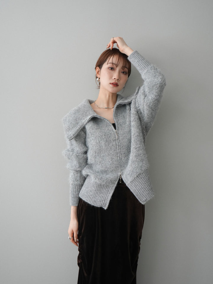 [SET]リブ襟ブークレZIPニットカーディガン+選べるアクセセット(2set)