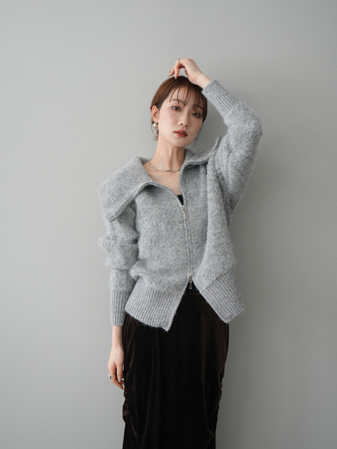 [予約]リブ襟ブークレZIPニットカーディガン/gray