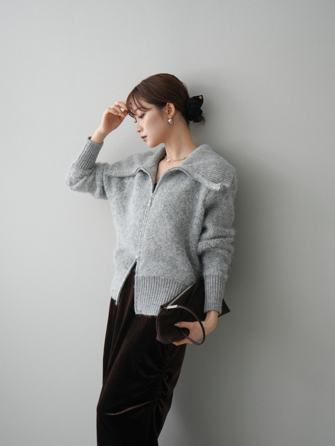 [予約]リブ襟ブークレZIPニットカーディガン/gray