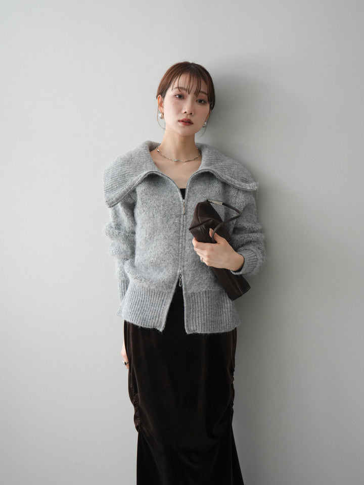 [SET]リブ襟ブークレZIPニットカーディガン+リブ襟ブークレZIPニットカーディガン(2set)