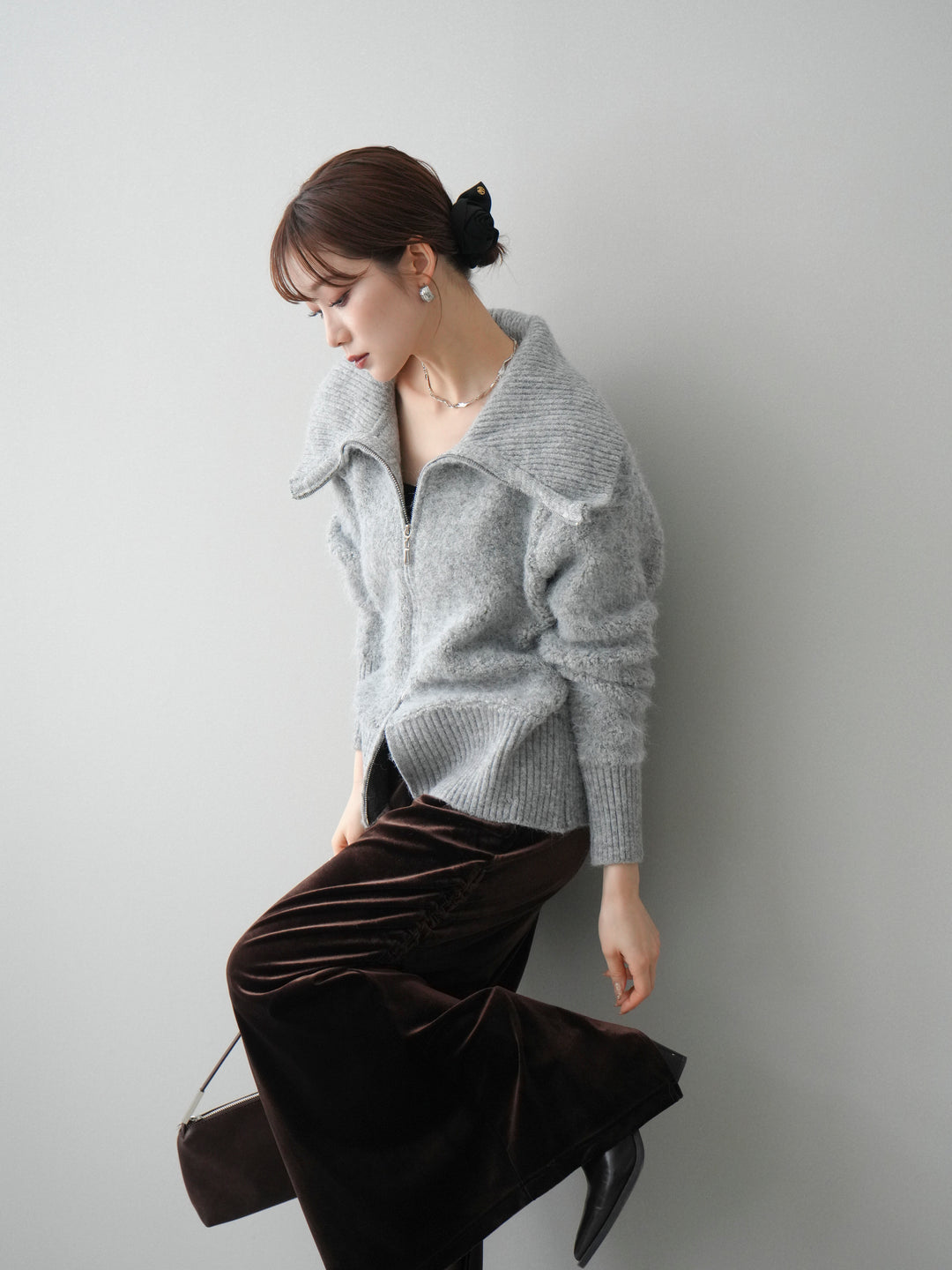 [SET]リブ襟ブークレZIPニットカーディガン+リブ襟ブークレZIPニットカーディガン(2set)