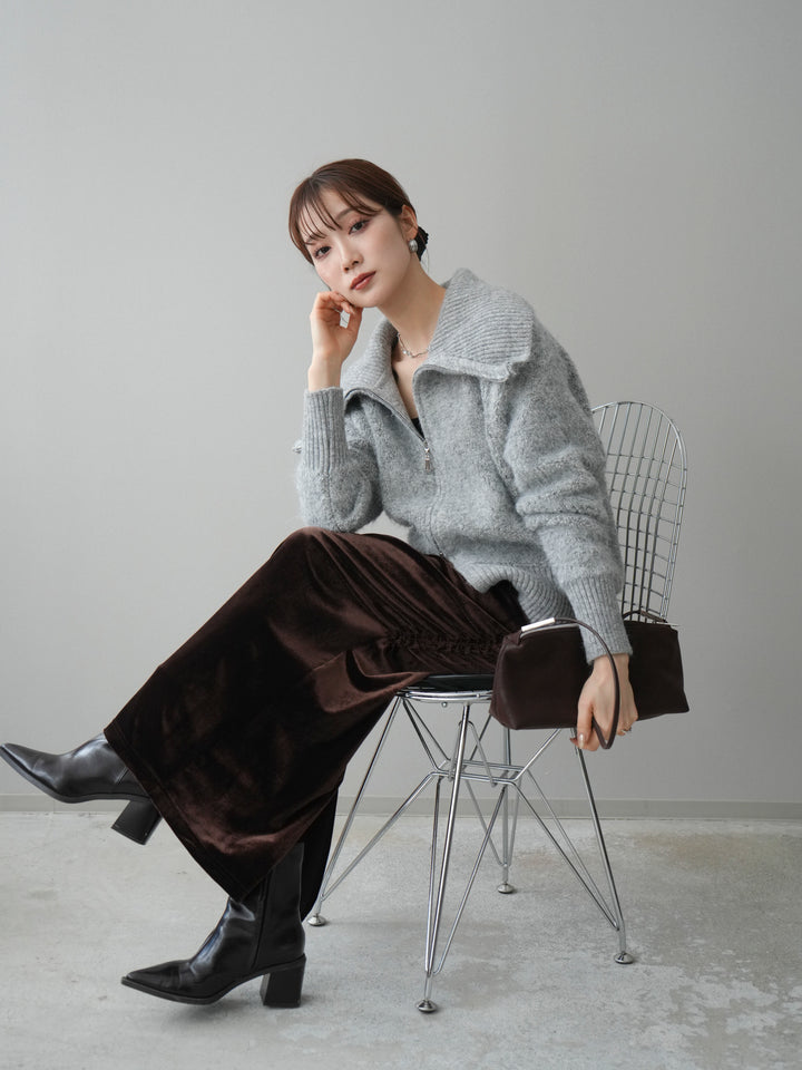 [SET]リブ襟ブークレZIPニットカーディガン+ギャザーベロアスカート(2set)