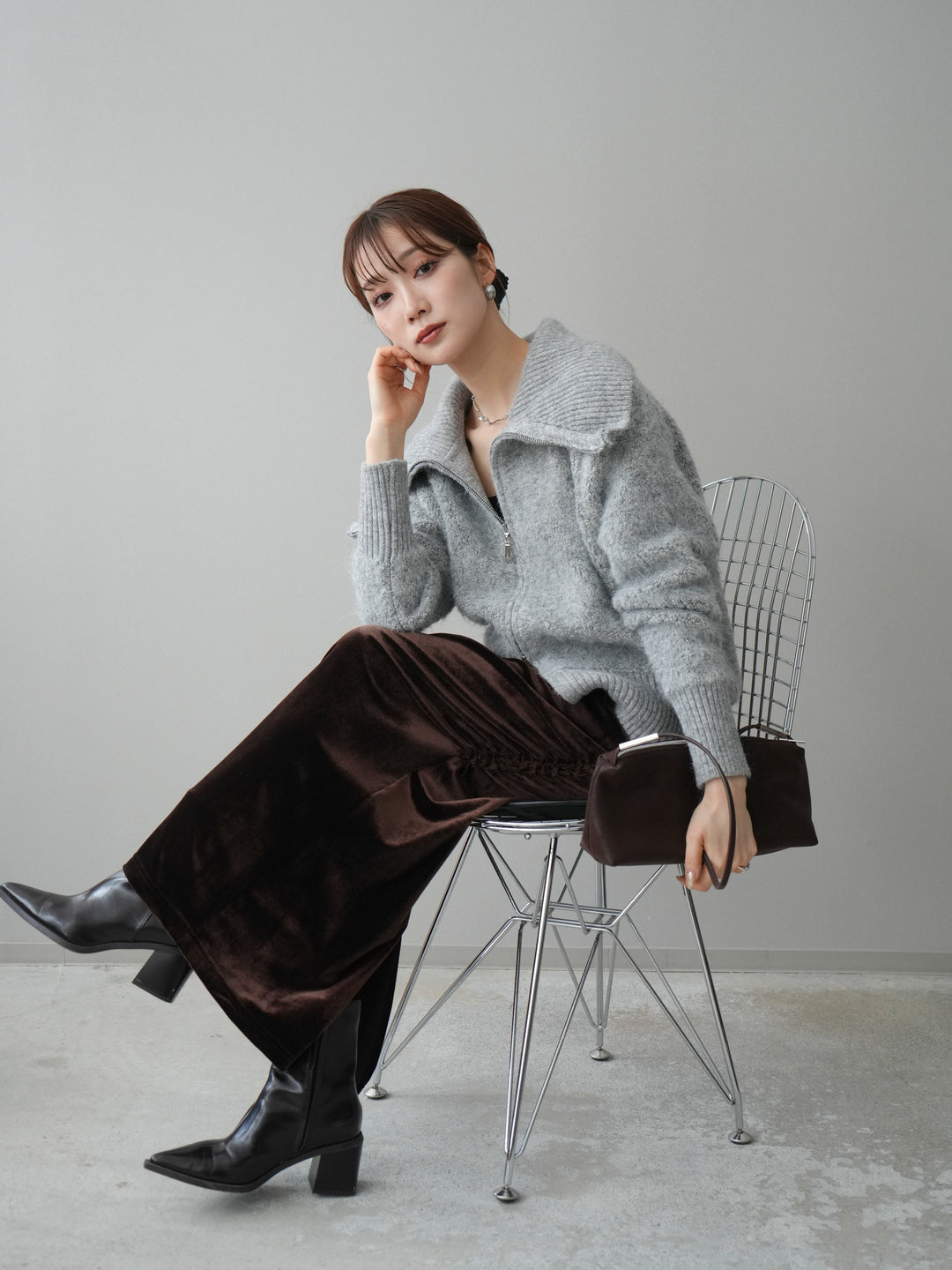 [予約]リブ襟ブークレZIPニットカーディガン/gray