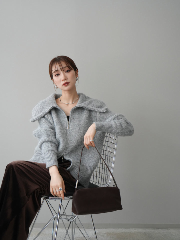 [SET]リブ襟ブークレZIPニットカーディガン+選べるアクセセット(2set)