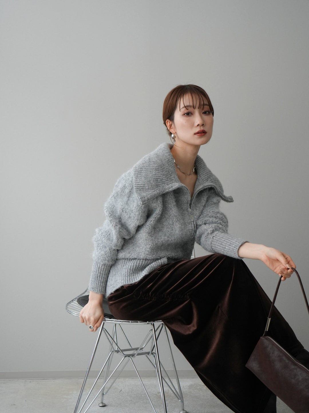 [SET]リブ襟ブークレZIPニットカーディガン+ギャザーベロアスカート(2set)