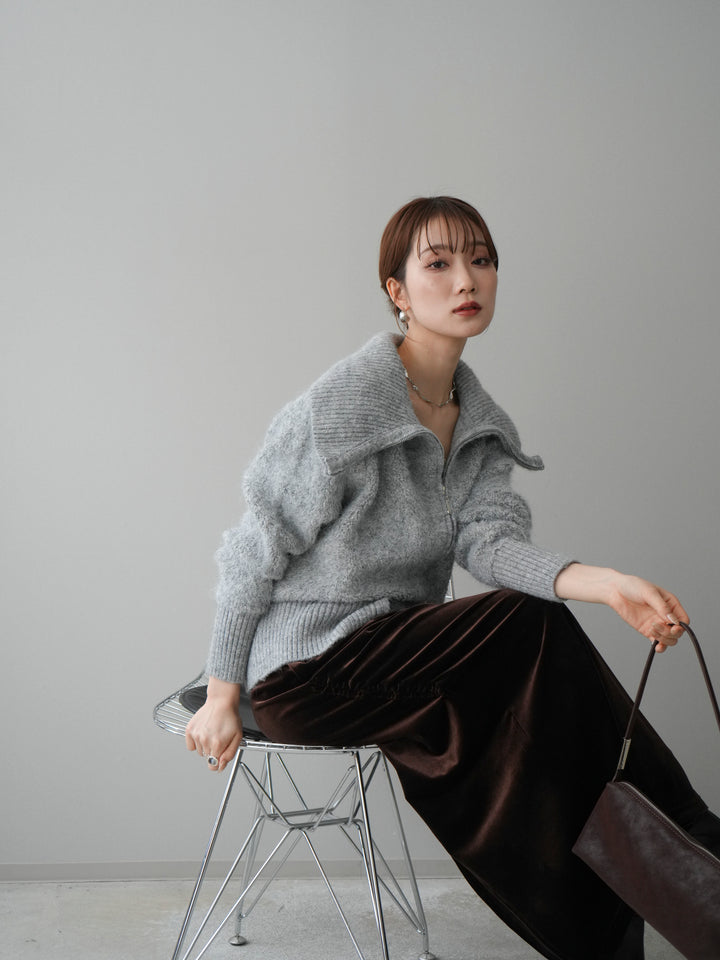 [SET]リブ襟ブークレZIPニットカーディガン+選べるアクセセット(2set)