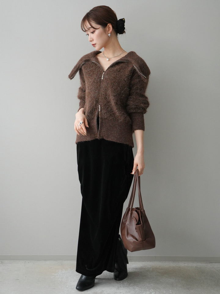 [SET]リブ襟ブークレZIPニットカーディガン+ギャザーベロアスカート(2set)