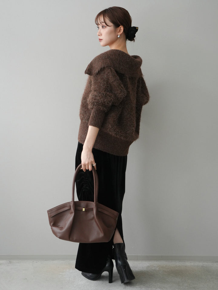 [SET]リブ襟ブークレZIPニットカーディガン+ギャザーベロアスカート(2set)