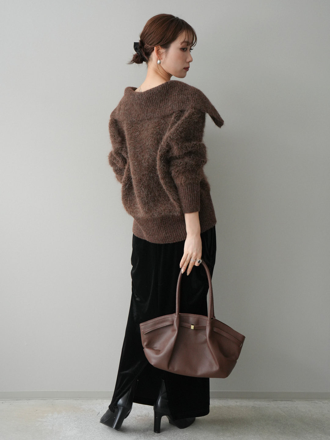 [SET]リブ襟ブークレZIPニットカーディガン+ギャザーベロアスカート(2set)