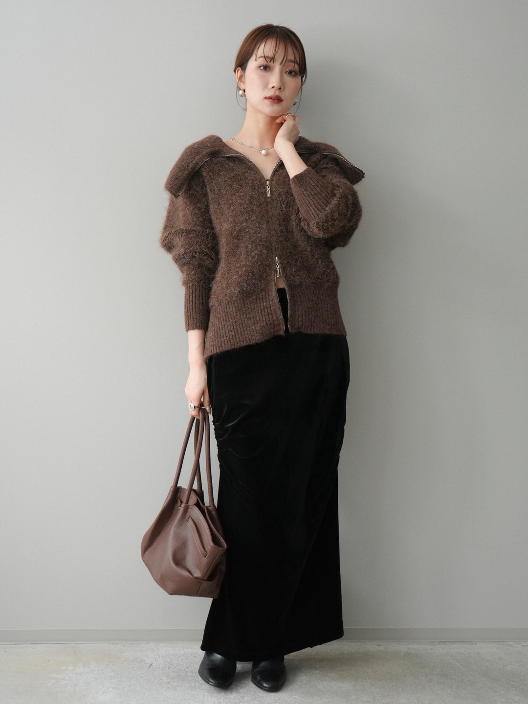[SET]リブ襟ブークレZIPニットカーディガン+ギャザーベロアスカート(2set)