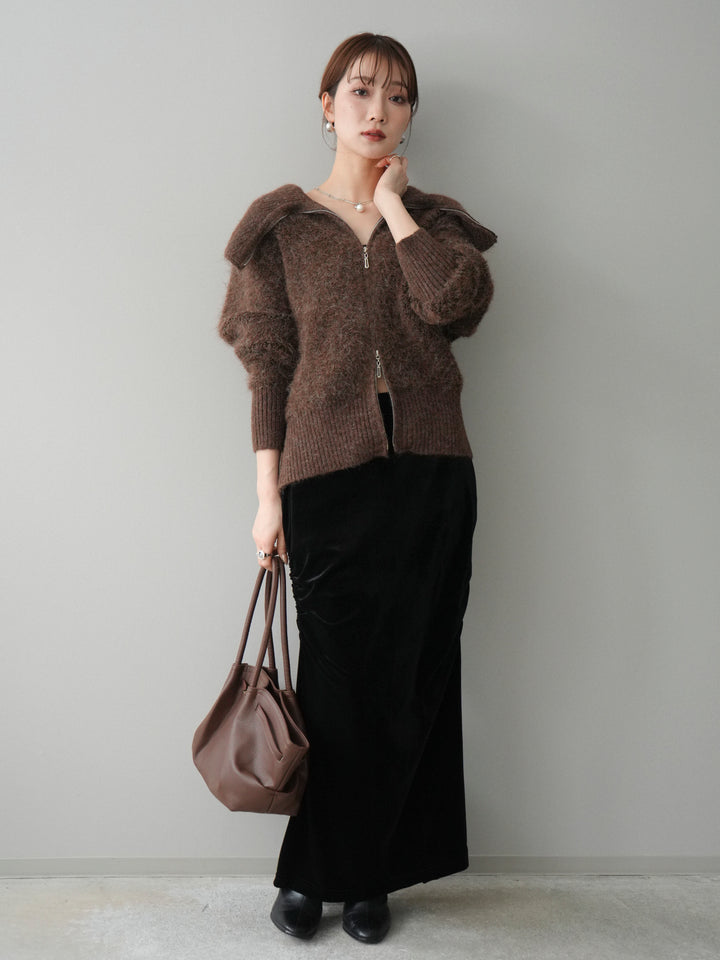 [SET]リブ襟ブークレZIPニットカーディガン+ギャザーベロアスカート(2set)