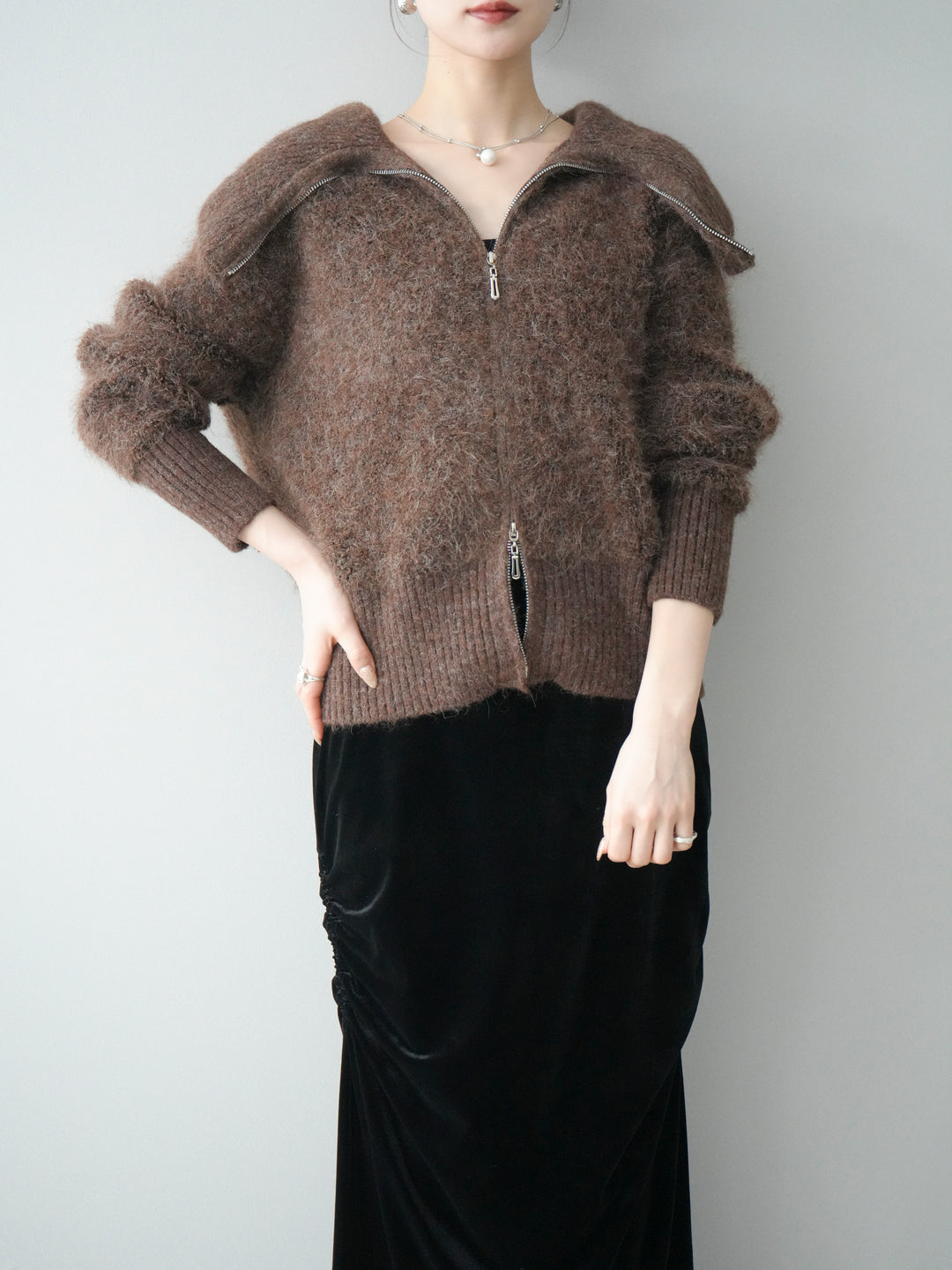 [SET]リブ襟ブークレZIPニットカーディガン+ギャザーベロアスカート(2set)