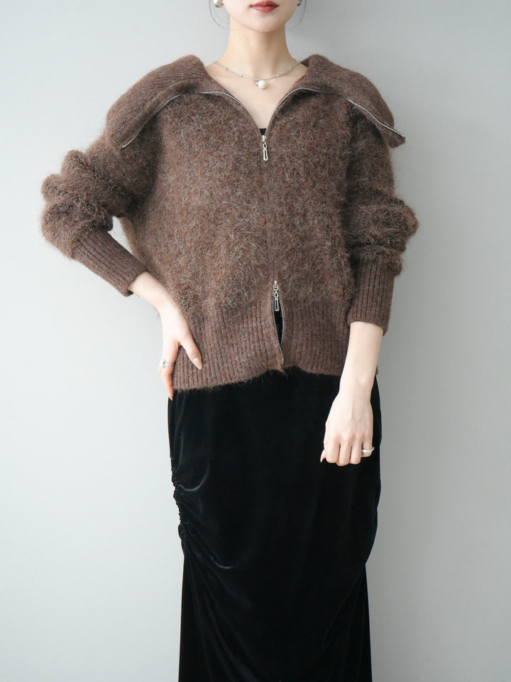 [予約]リブ襟ブークレZIPニットカーディガン/brown