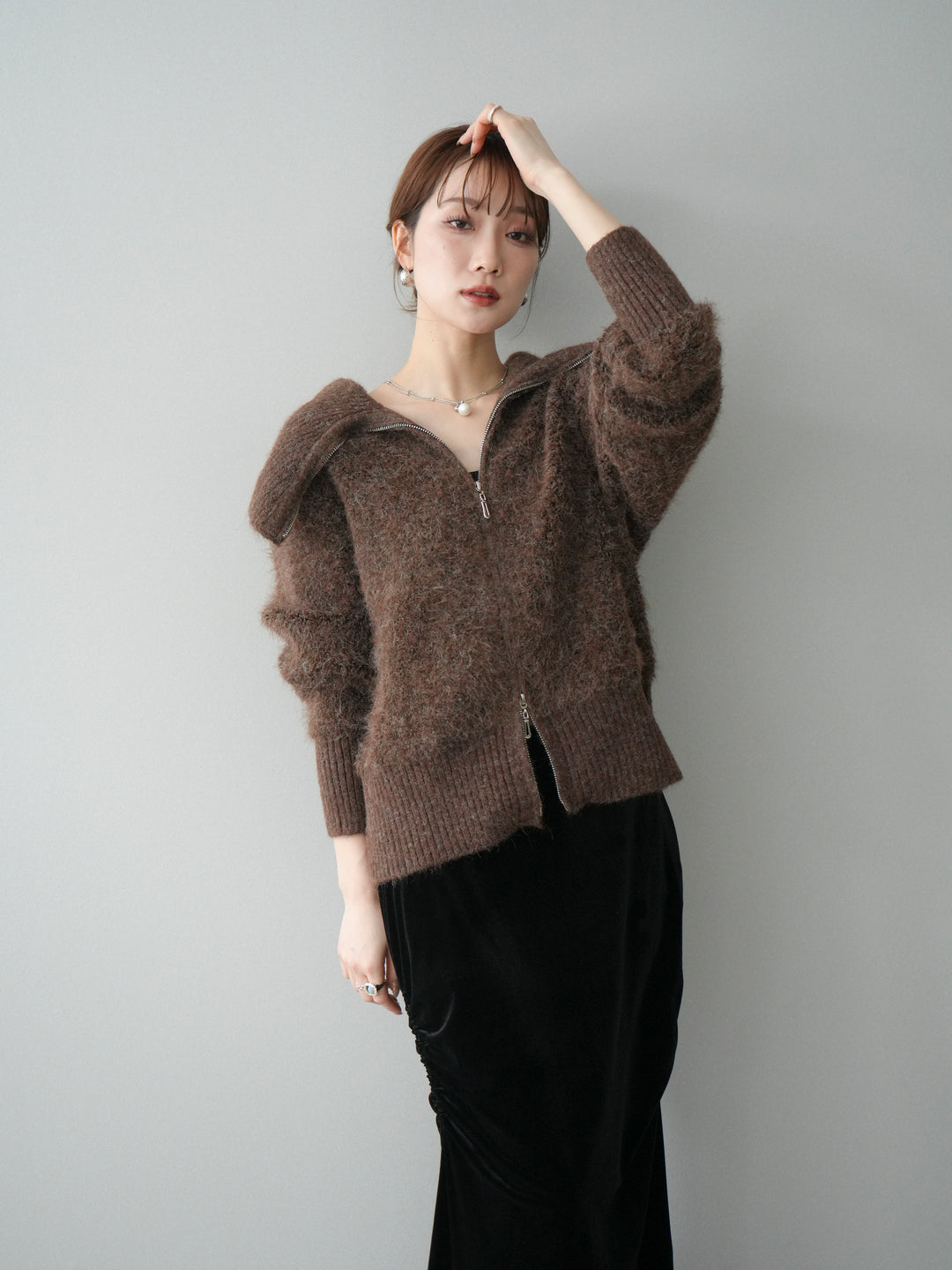 [SET]リブ襟ブークレZIPニットカーディガン+選べるアクセセット(2set)