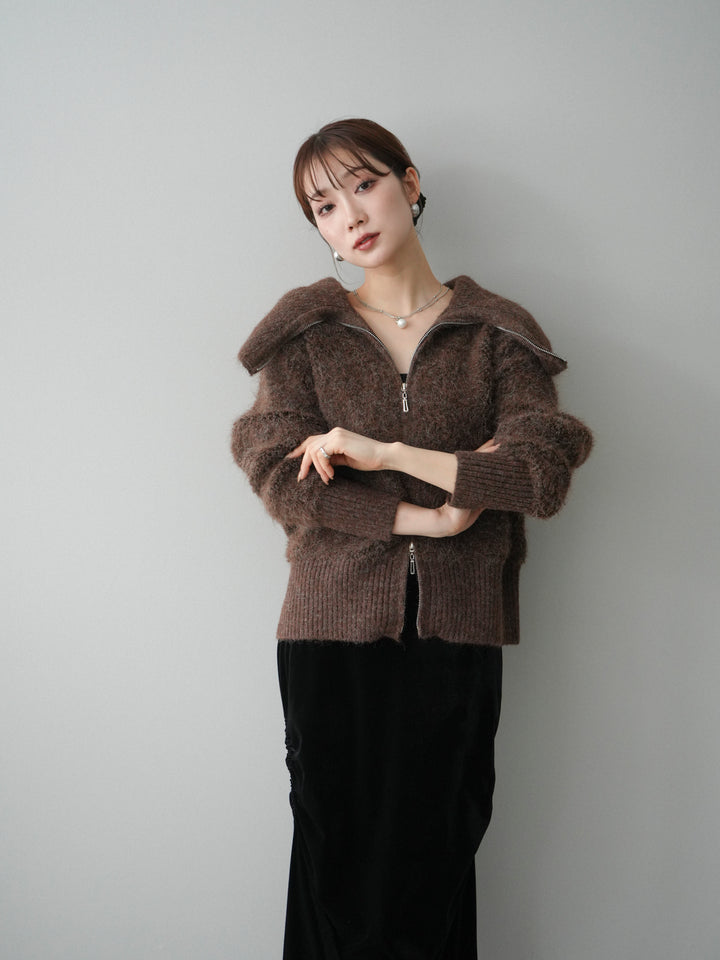 [SET]リブ襟ブークレZIPニットカーディガン+リブ襟ブークレZIPニットカーディガン(2set)