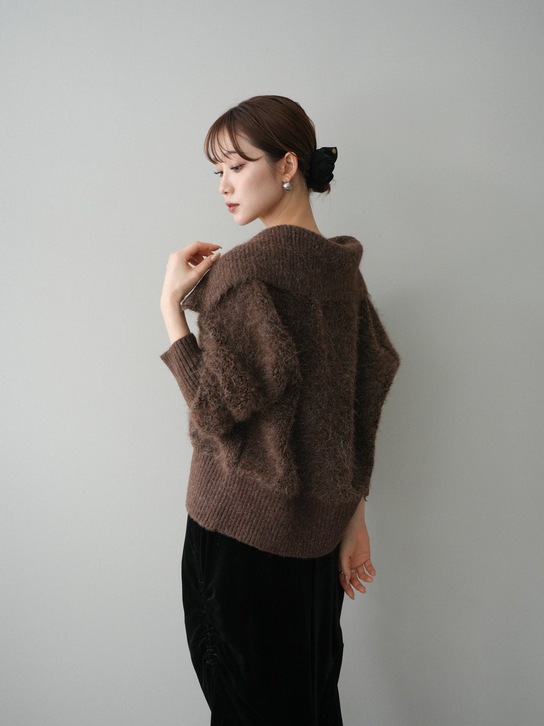 [予約]リブ襟ブークレZIPニットカーディガン/brown