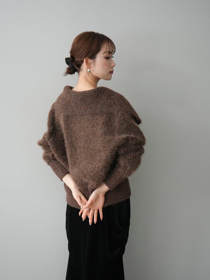 [SET]リブ襟ブークレZIPニットカーディガン+ギャザーベロアスカート(2set)