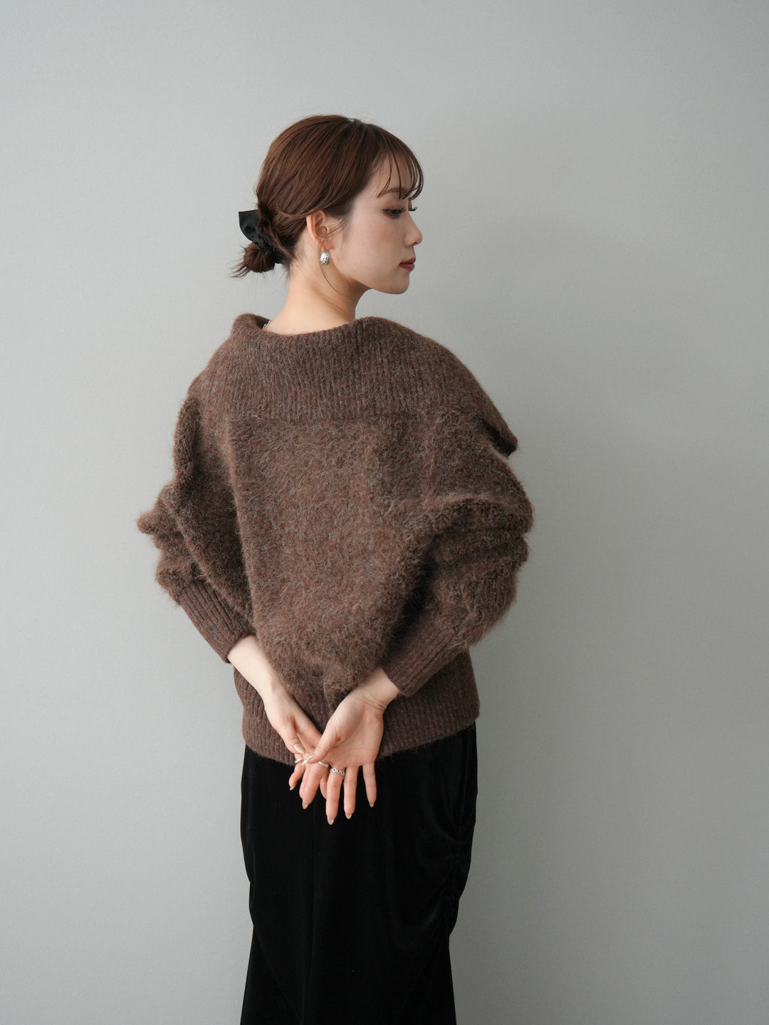 [予約]リブ襟ブークレZIPニットカーディガン/brown